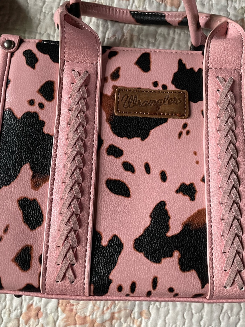 Wrangler Pink Cowprint Satchel with Brown Logo Patch
